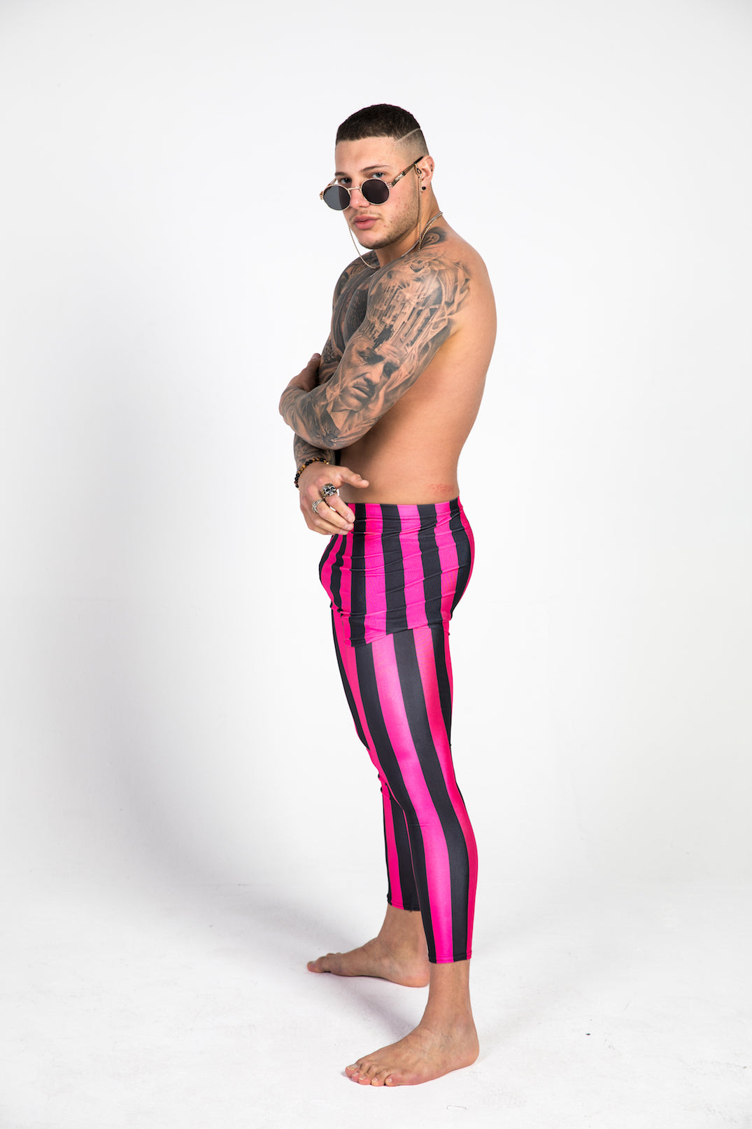 left side pink striped leggings