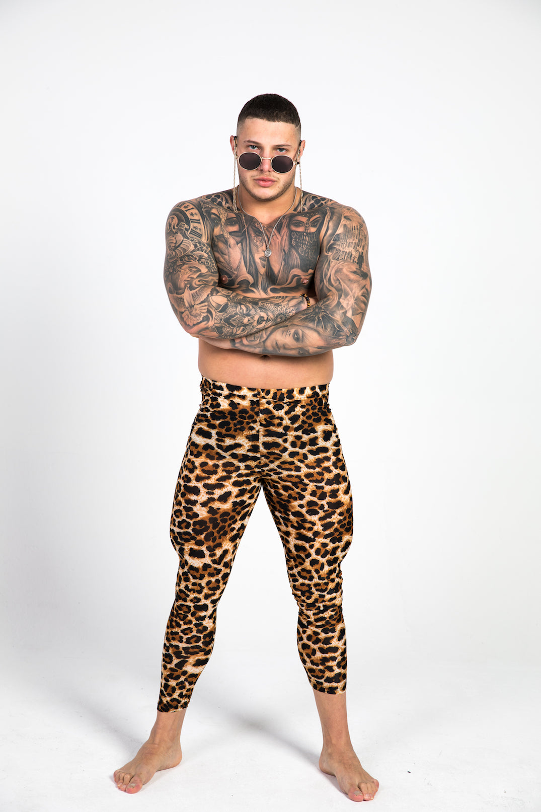 man wearing leopard print leggings