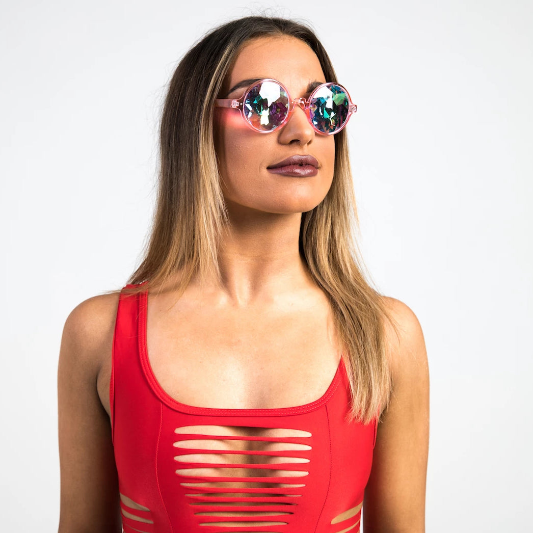 woman wearing pink kaleidoscope sunglasses